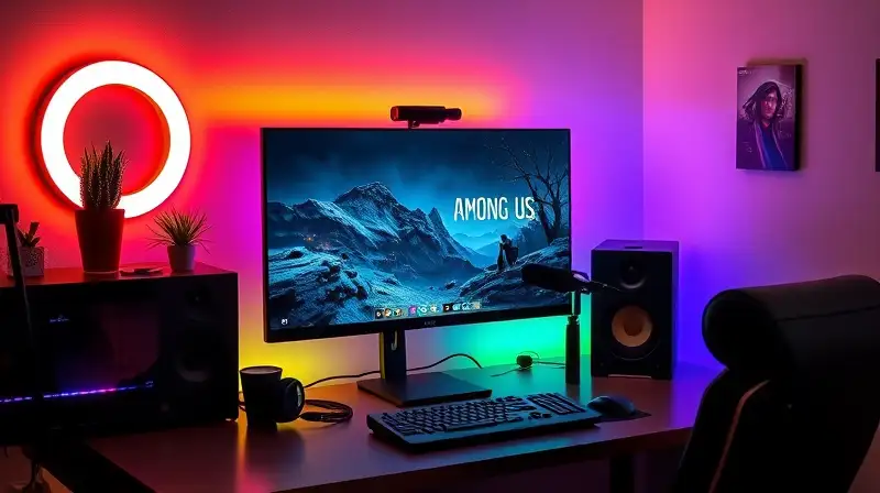 Setup acogedor con luces RGB y Among Us