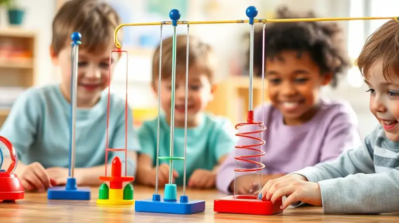Niños exploran física con juguetes coloridos