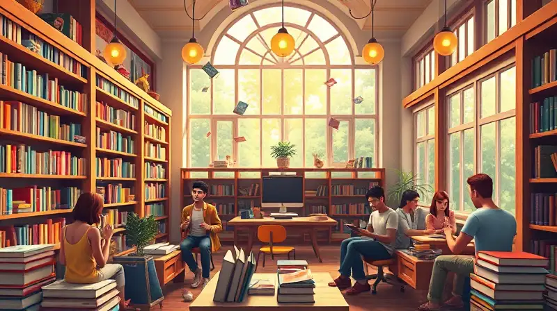 Sim Sims leyendo en biblioteca mágica vibrante