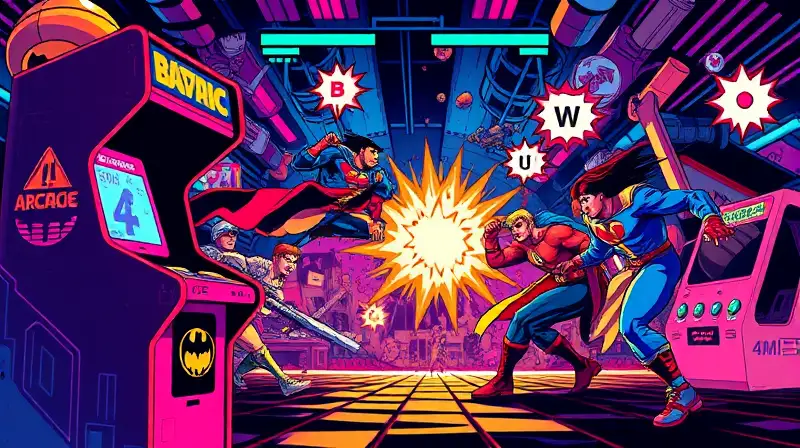 Máquina arcade retro con héroes pixelados