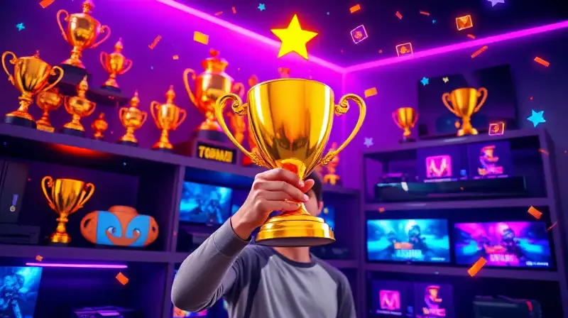 Gamer con trofeos y ambiente digital vibrante