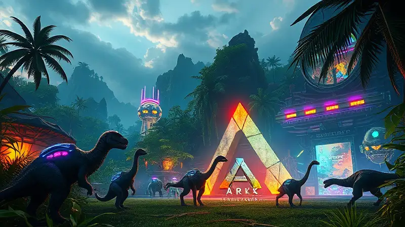 Personajes de ARK en jungla futurista vibrante