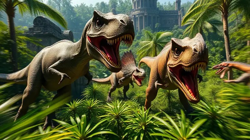 Dinosaurios feroces cazan en jungla prehistórica