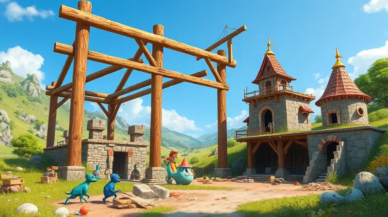 Construcción fantástica con criaturas coloridas y vibrante