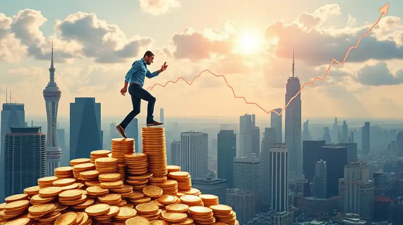 Persona sube escalera dorada hacia prosperidad