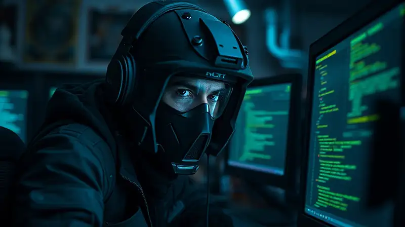 Gamer sigiloso en ambiente cyberpunk oscuro