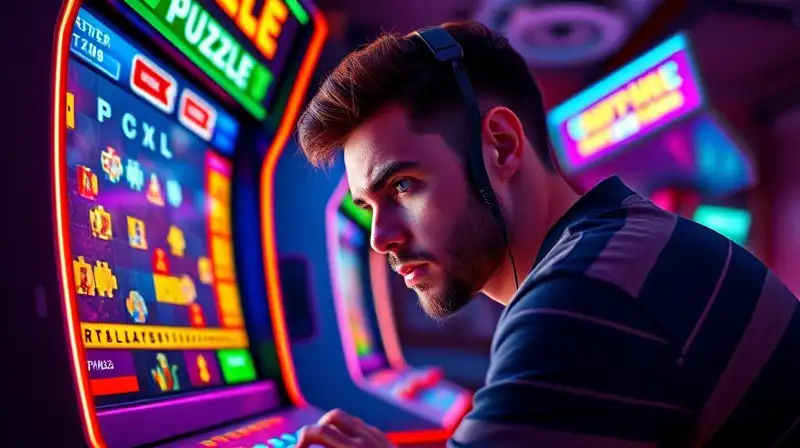 Jugador concentrado en juego retro vibrante
