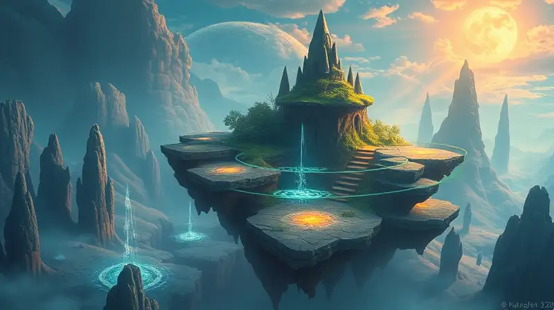 Mundo flotante místico con paisajes fantásticos