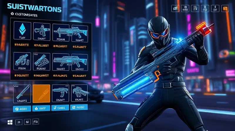 Interfaz futurista de videojuego con armas personalizables