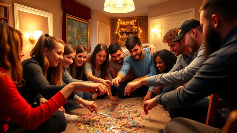 Grupo diverso colabora emocionado resolviendo acertijo