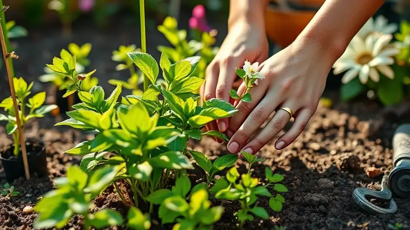 Persona cuida plantas en jardín soleado