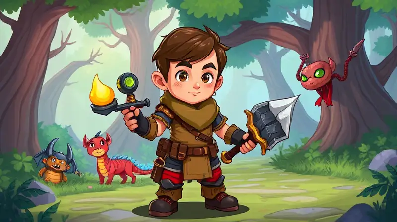 Personaje novato en bosque mágico colorido
