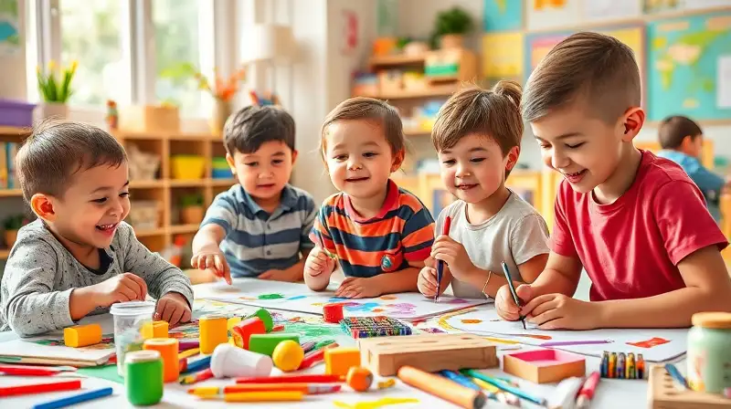 Niños creativos jugando en aula colorida