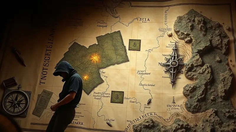 Mapa antiguo con símbolos y figura misteriosa