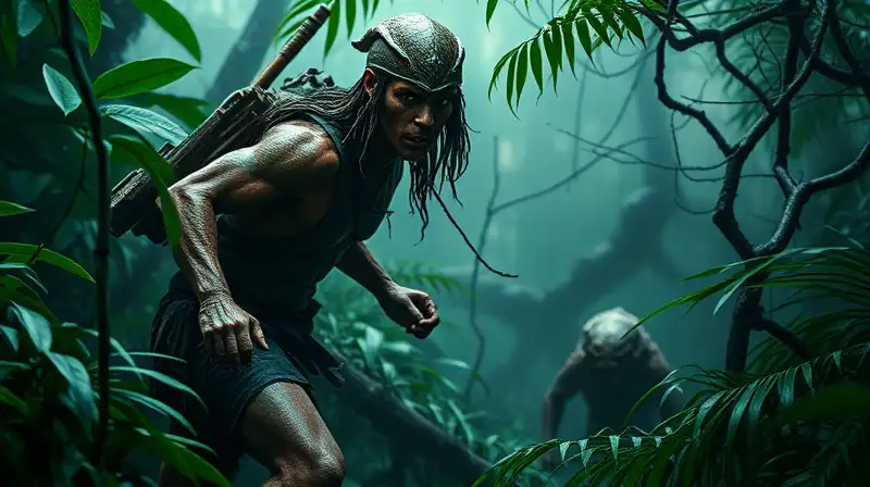 Guerrero ágil en jungla oscura y amenazante