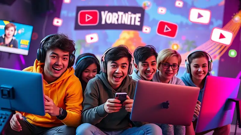 Jóvenes gamers diversos transmiten Fortnite vibrante