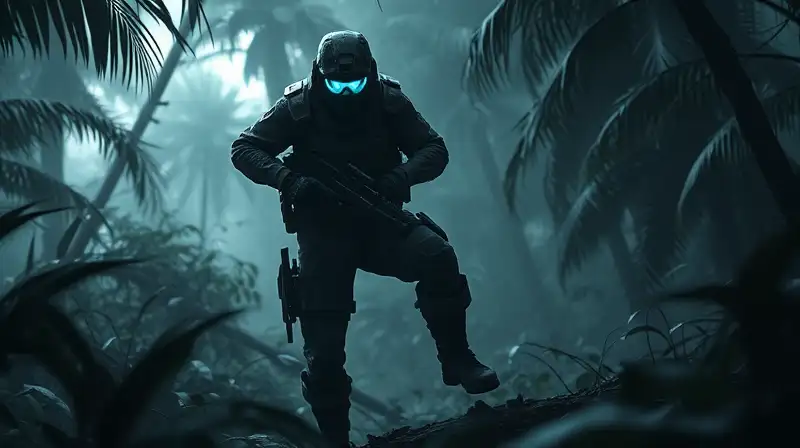 Jugador sigiloso con equipo futurista en jungla