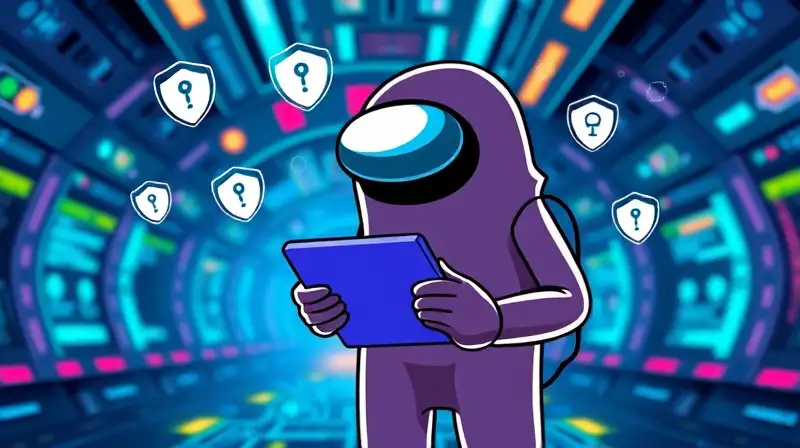 Personaje de Among Us con iconos de seguridad