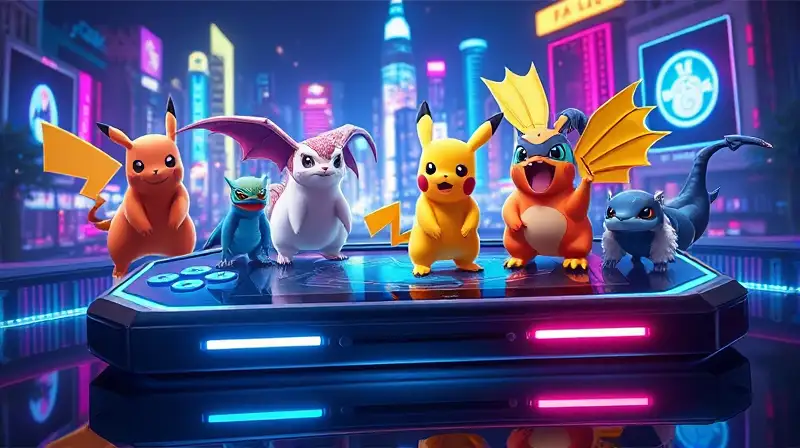 Consola futurista con Pokémon y luces neón