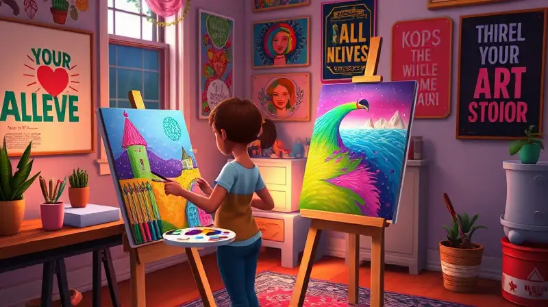 Personaje crea pintura colorida en habitación acogedora