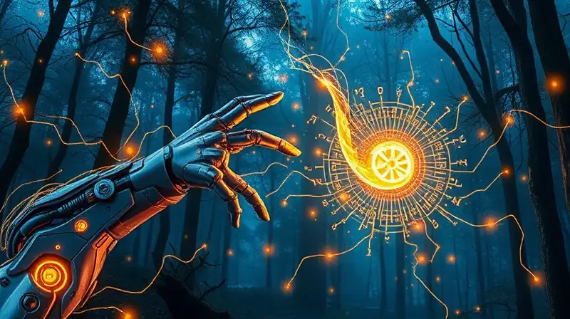 Brazos robóticos futuristas lanzan hechizos mágicos