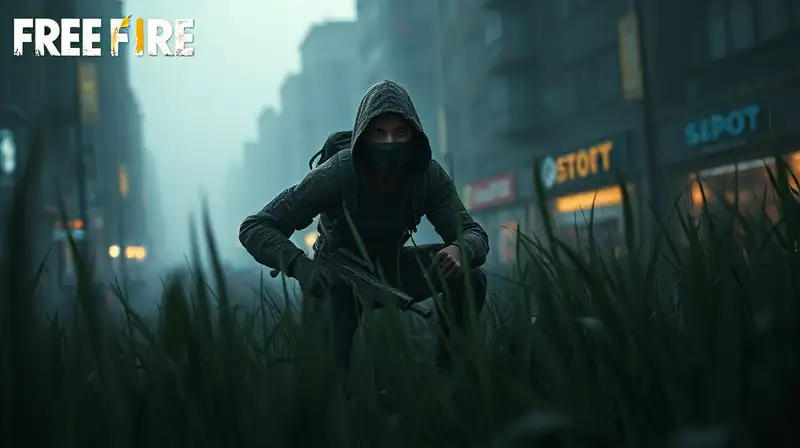 Personaje sigiloso en batalla urbana niebla