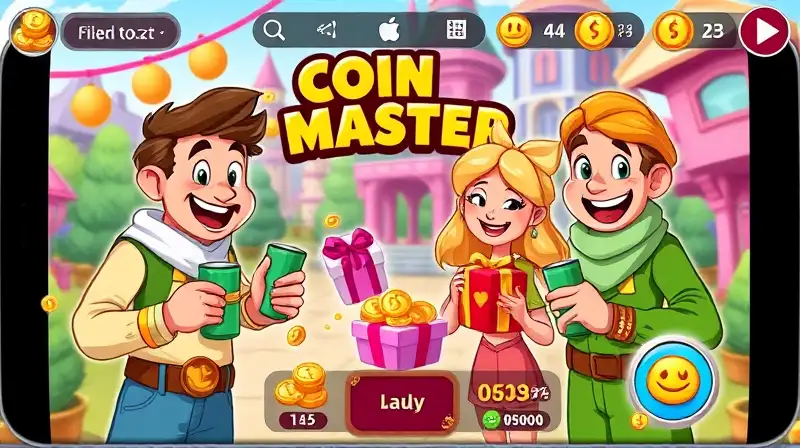 Interfaz colorida de Coin Master alegre y festiva