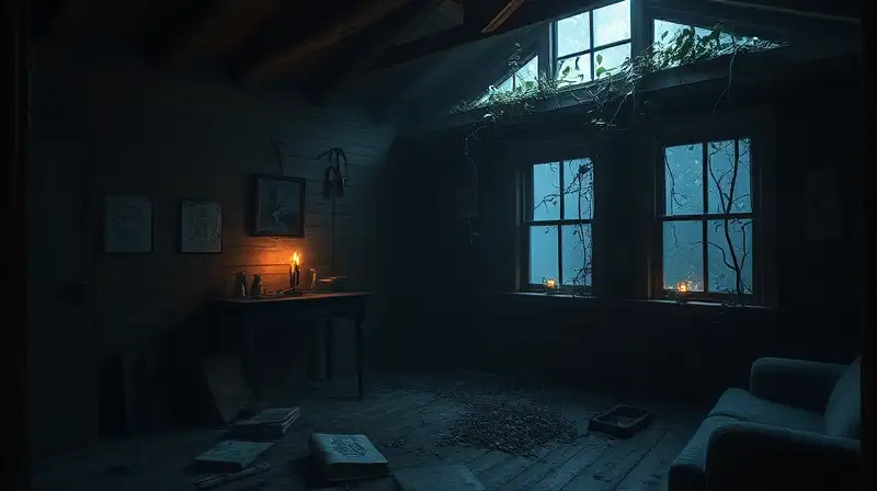 Cabaña abandonada con ambiente oscuro y tenebroso