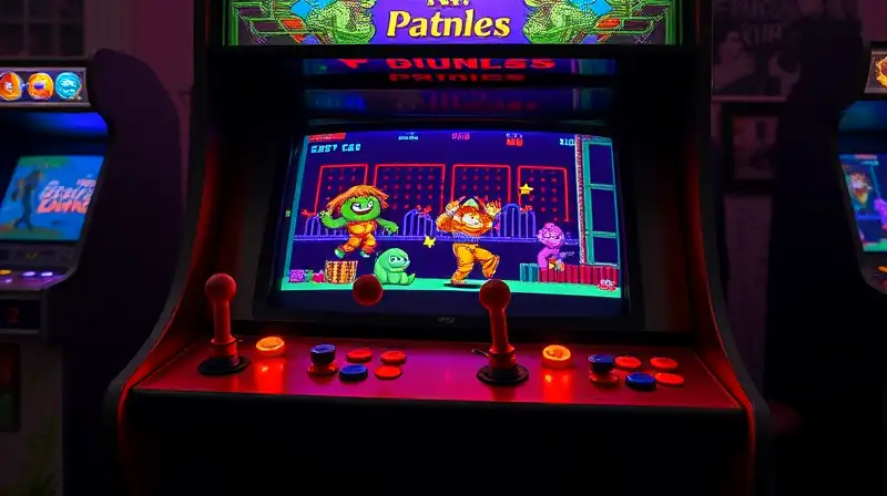 Máquina arcade retro con juego cooperativo neón