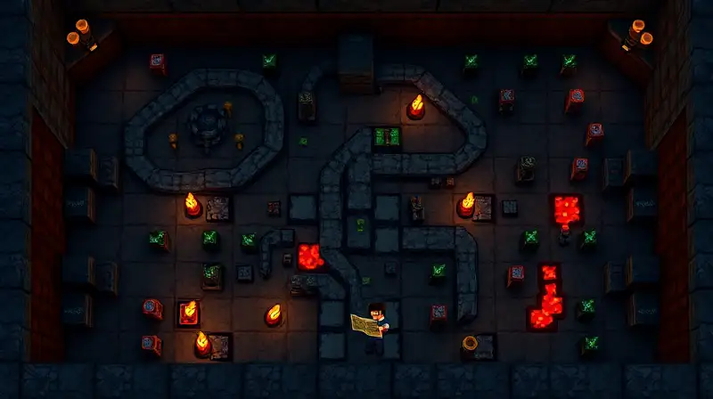 Mapa pixelado de mazmorra con trampas