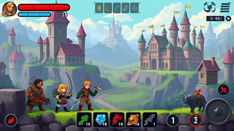 Personajes RPG pixelados en batallas tácticas