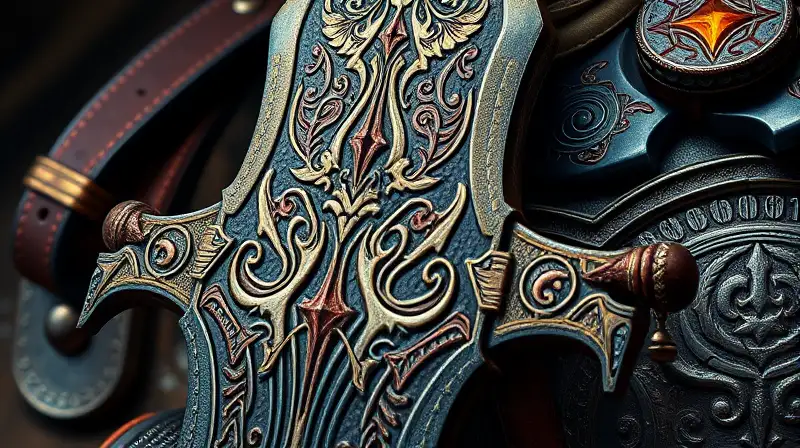 Espada y armadura detalladas con runas brillantes