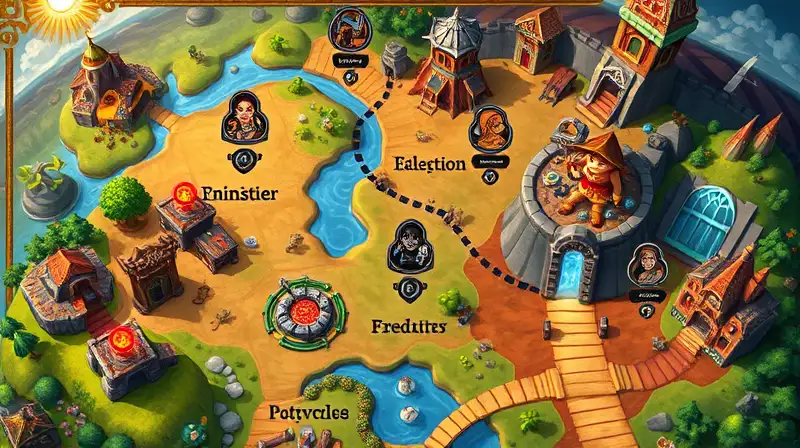 Mapa fantástico colorido con misiones y criaturas