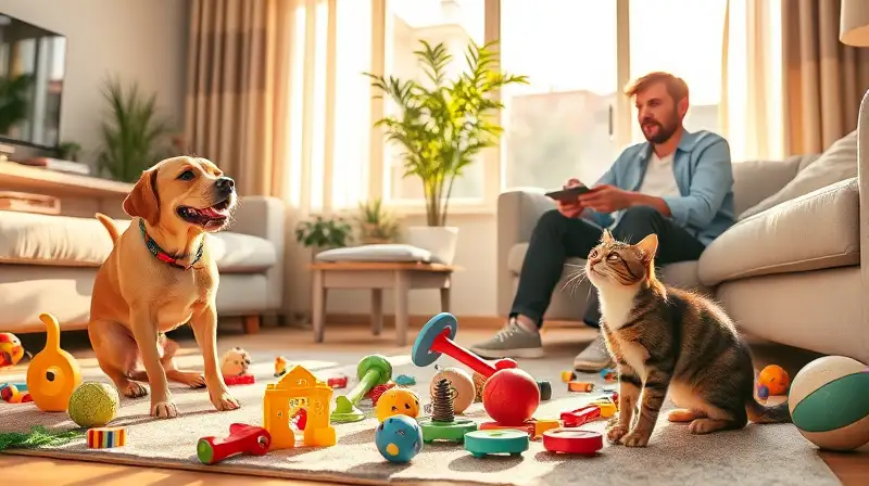Perro y gato juegan tranquilos en casa