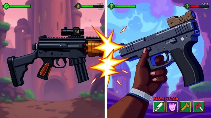 Comparación pixel art de rifle y pistola