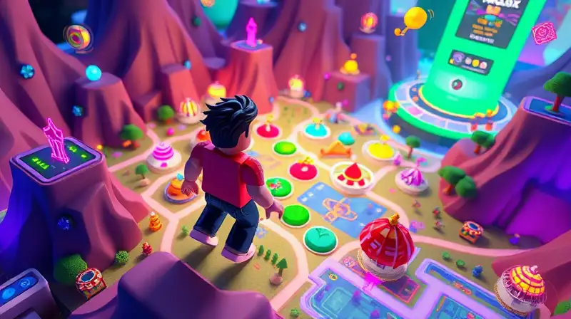 Personaje de Roblox explora mapa vibrante