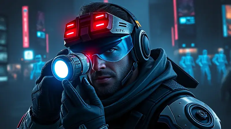 Soldado futurista escaneando enemigos en ciudad