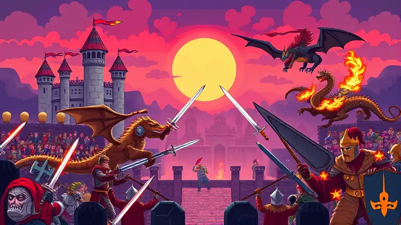 Caballeros medievales luchan en arcade pixelado