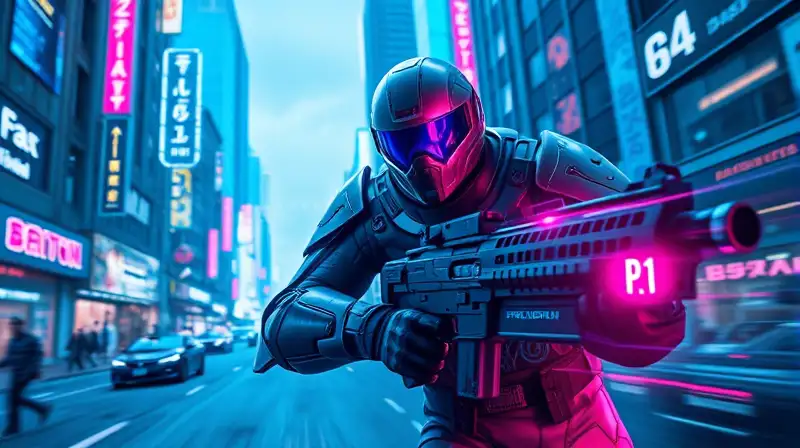Soldado futurista combate en ciudad neón