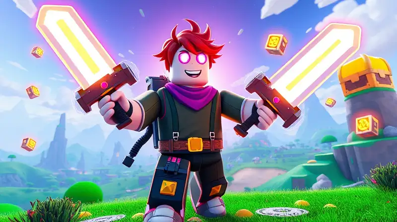 Personaje Roblox con armas brillantes vibrantes
