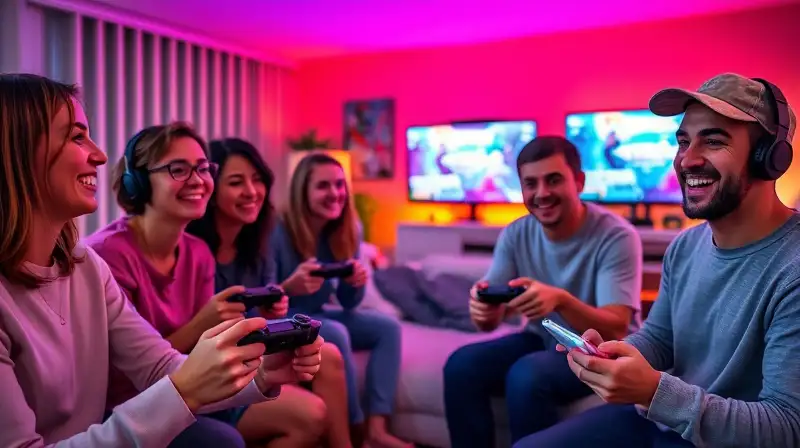 Amigos juegan videojuegos juntos en casa