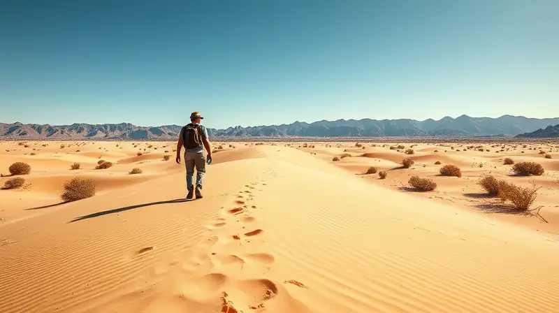 Viajero solitario cruza desierto bajo sol