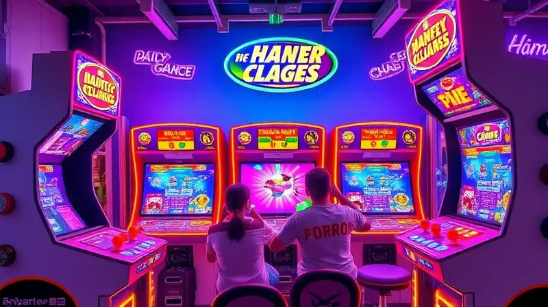 Máquinas arcade brillantes con jugadores felices