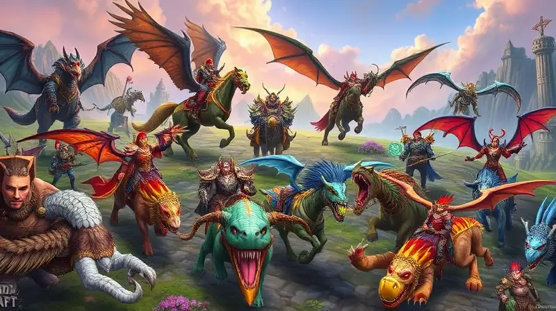 Monturas y personajes épicos en paisaje fantástico