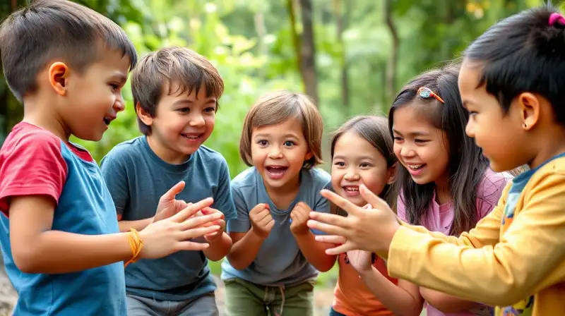 Niños cooperando en juego de aventura natural