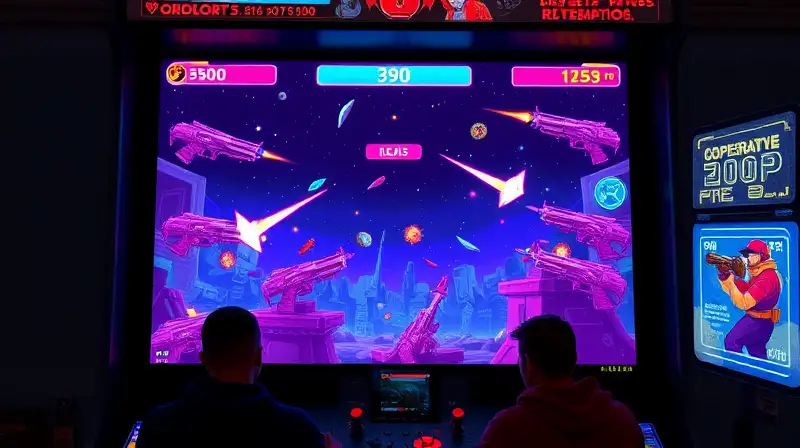 Juego arcade cooperativo con gráficos neón