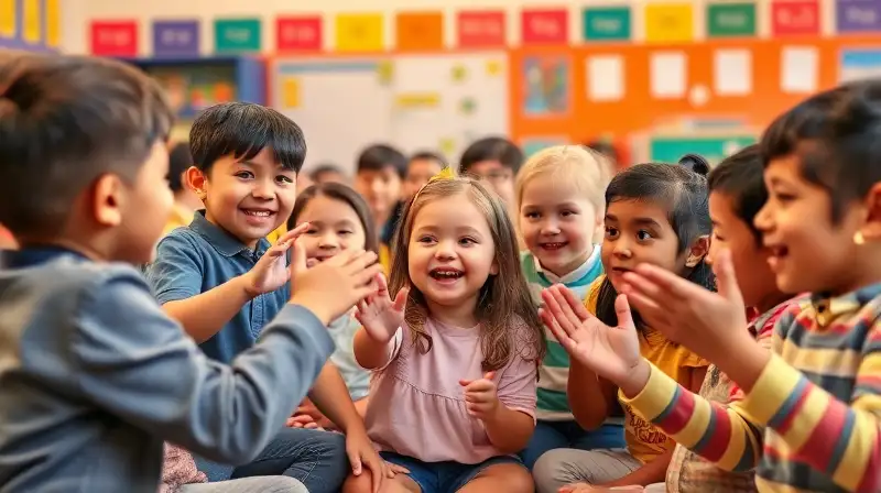Niños juegan mímica en aula colorida