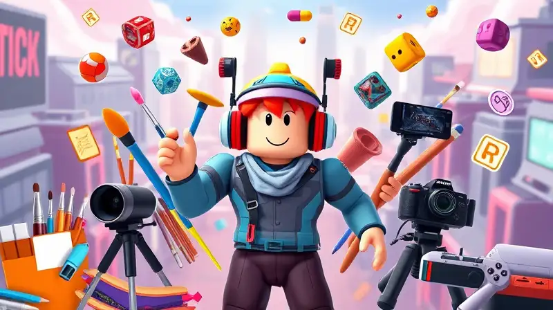 Personaje Roblox creativo en ciudad futurista vibrante