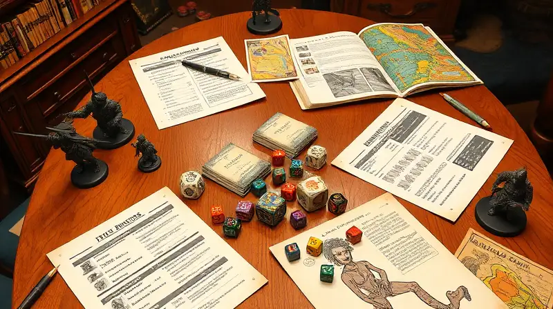 Mesa de rol clásico con dados y mapas