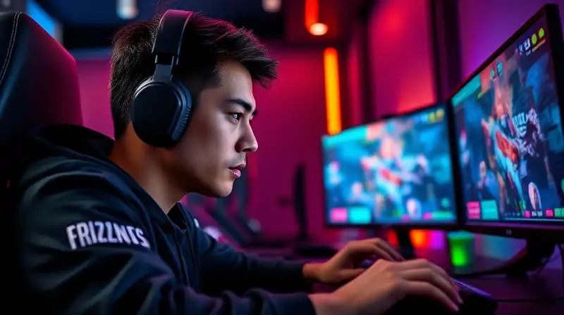 Jugador de esports concentrado con setup intenso